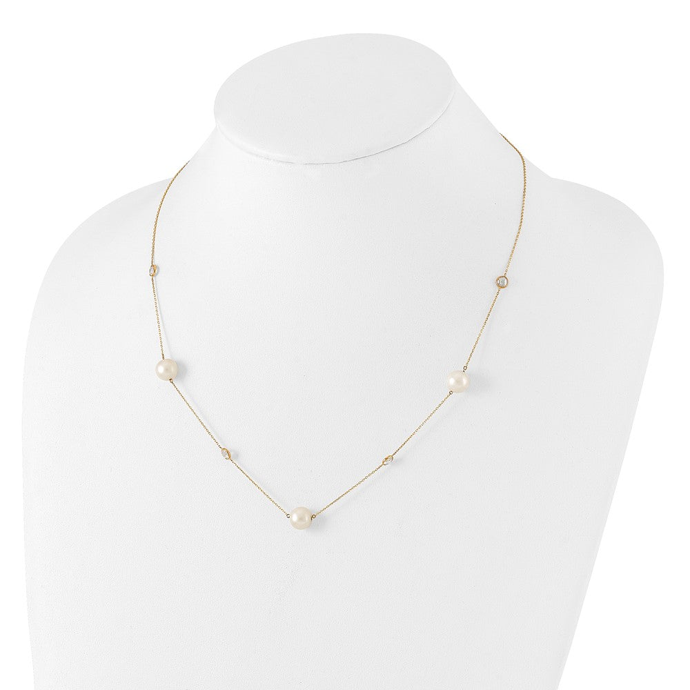 10K Gold Polished CZ and 7-8mm FWC Pearl 7 Station Necklace