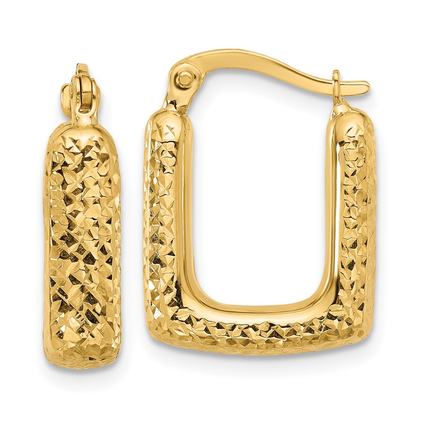 10K Polished and Diamond-cut Square Hoop Earrings