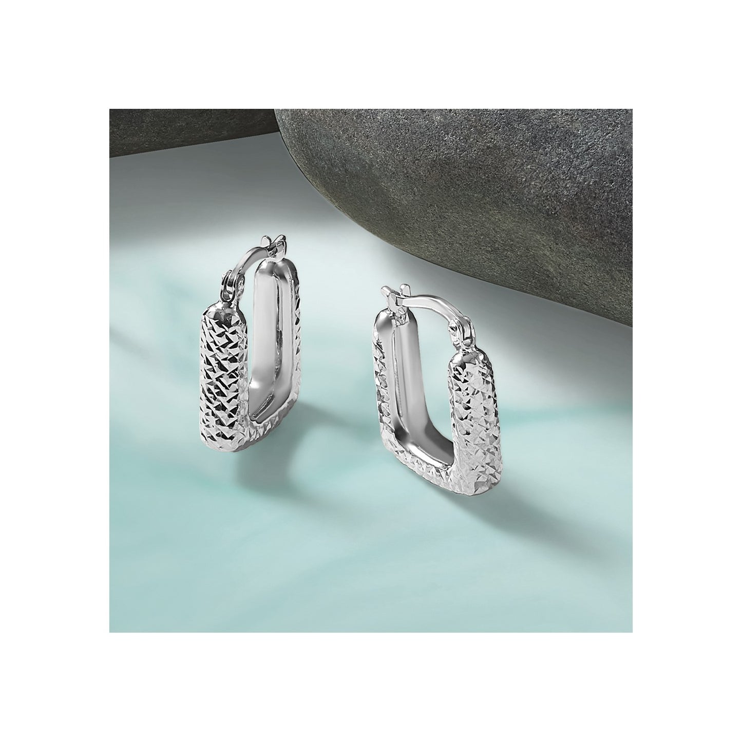 10K White Gold Polished and Diamond-cut Square Hoop Earrings