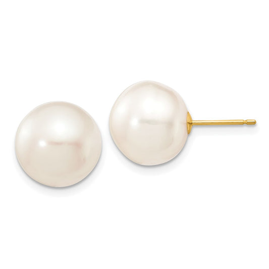 10k 11-12mm White Button Freshwater Cultured Pearl Stud Post Earrings