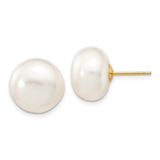 10k 12-13mm White Button Freshwater Cultured Pearl Stud Post Earrings