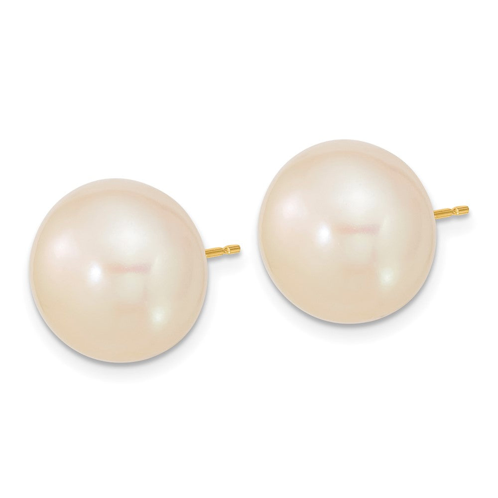 10k Gold 13-14mm White Button Freshwater Cultured Pearl Stud Post Earrings