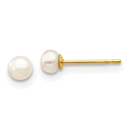 10k 3-4mm White Button Freshwater Cultured Pearl Stud Post Earrings