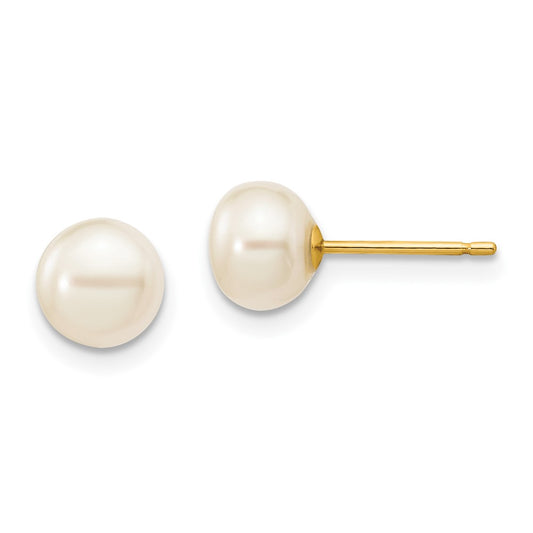 10k 6-7mm White Button Freshwater Cultured Pearl Stud Post Earrings