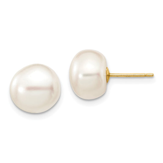 10k 9-10mm White Button Freshwater Cultured Pearl Stud Post Earrings