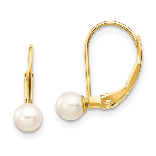 10k 4-5mm White Round Freshwater Cultured Pearl Leverback Earrings