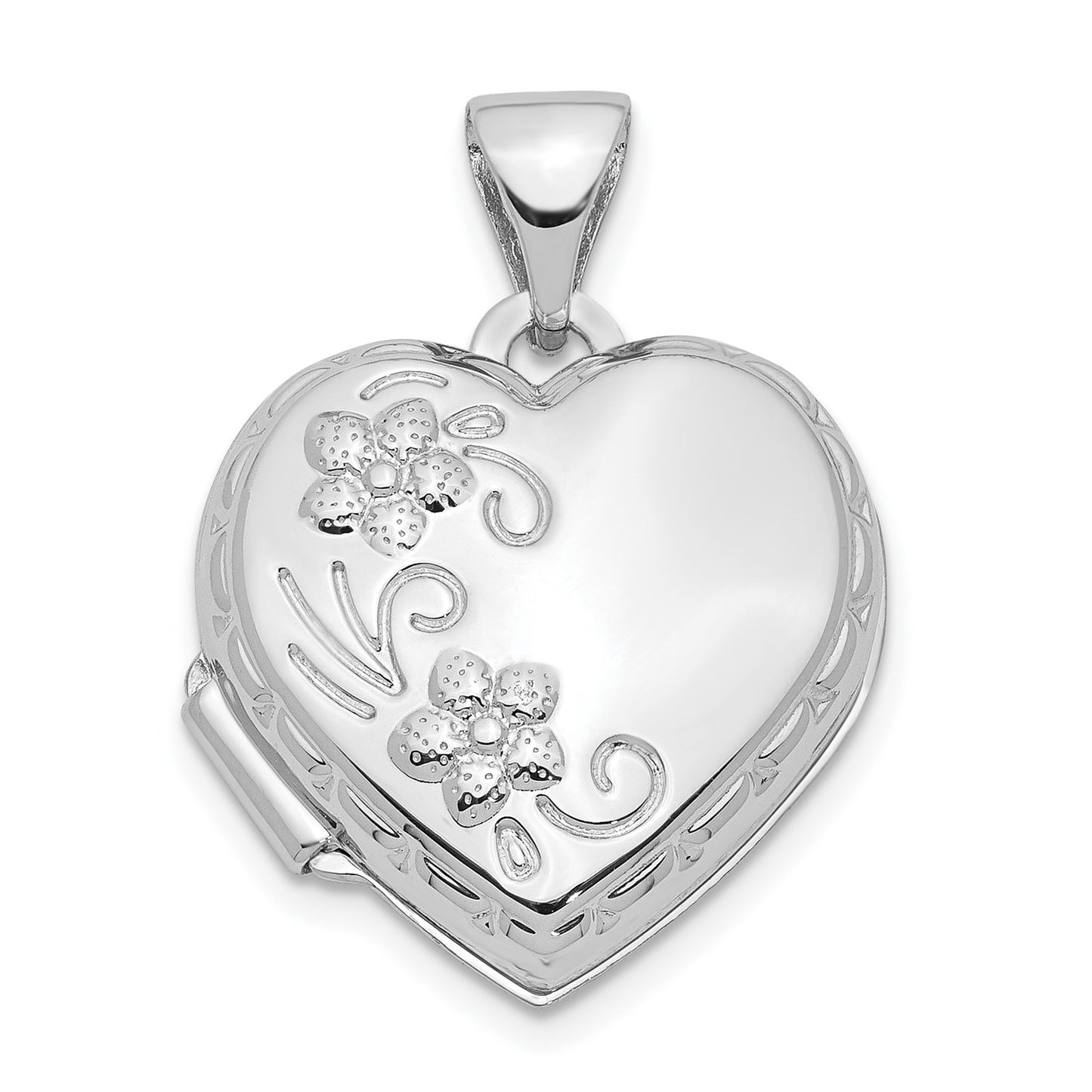 10k White Gold Polished Reversible Floral Heart Locket