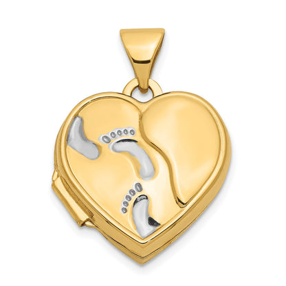 10k w/ White Rhodium 15mm Reversible Foot Prints Heart Locket