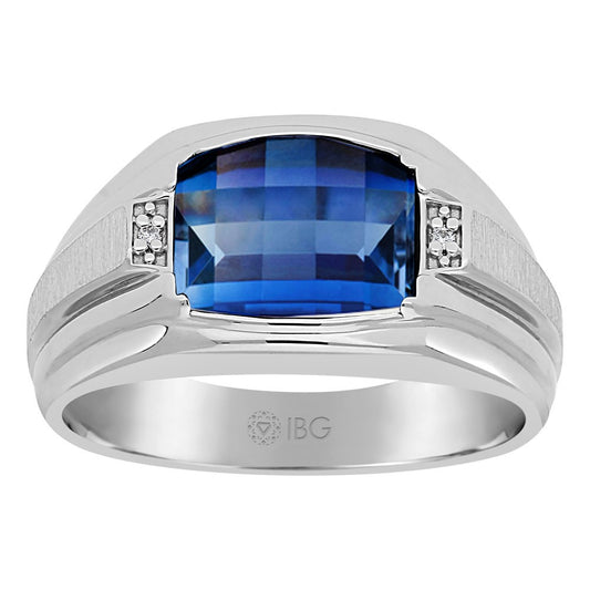 Men's Silver Created Sapphire and Diamond Accent Ring with Satin