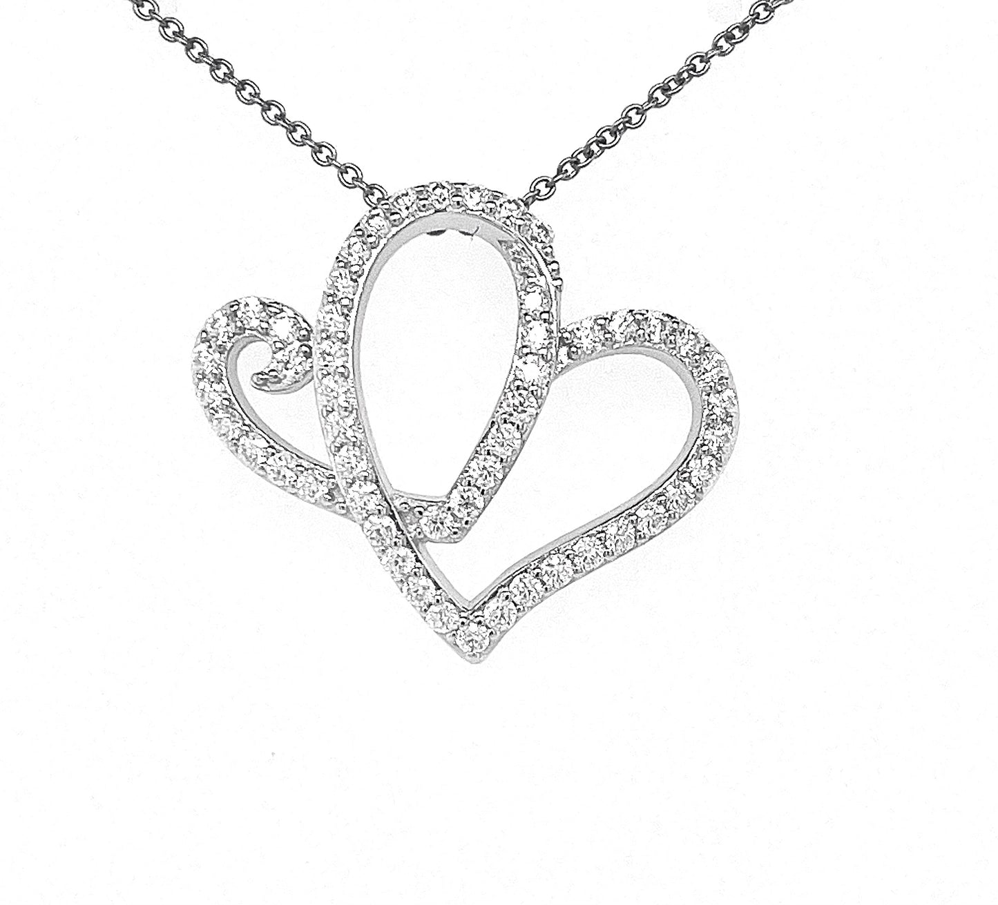 Two Hearts Pendant | Rhodium Plated Sterling Silver | Moissanite | Anniversary Heart