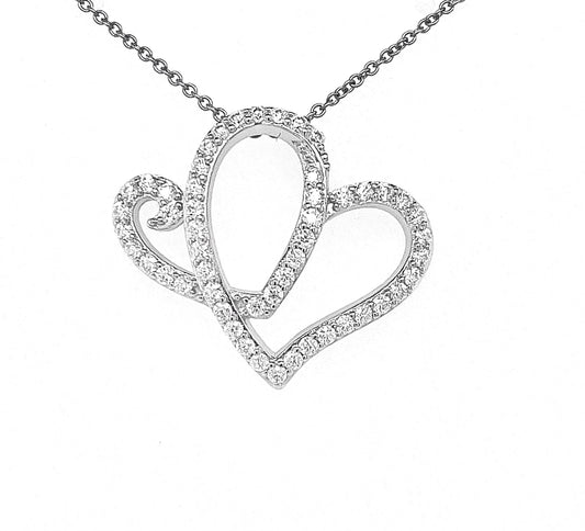 Two Hearts Pendant | Rhodium Plated Sterling Silver | Moissanite | Anniversary Heart