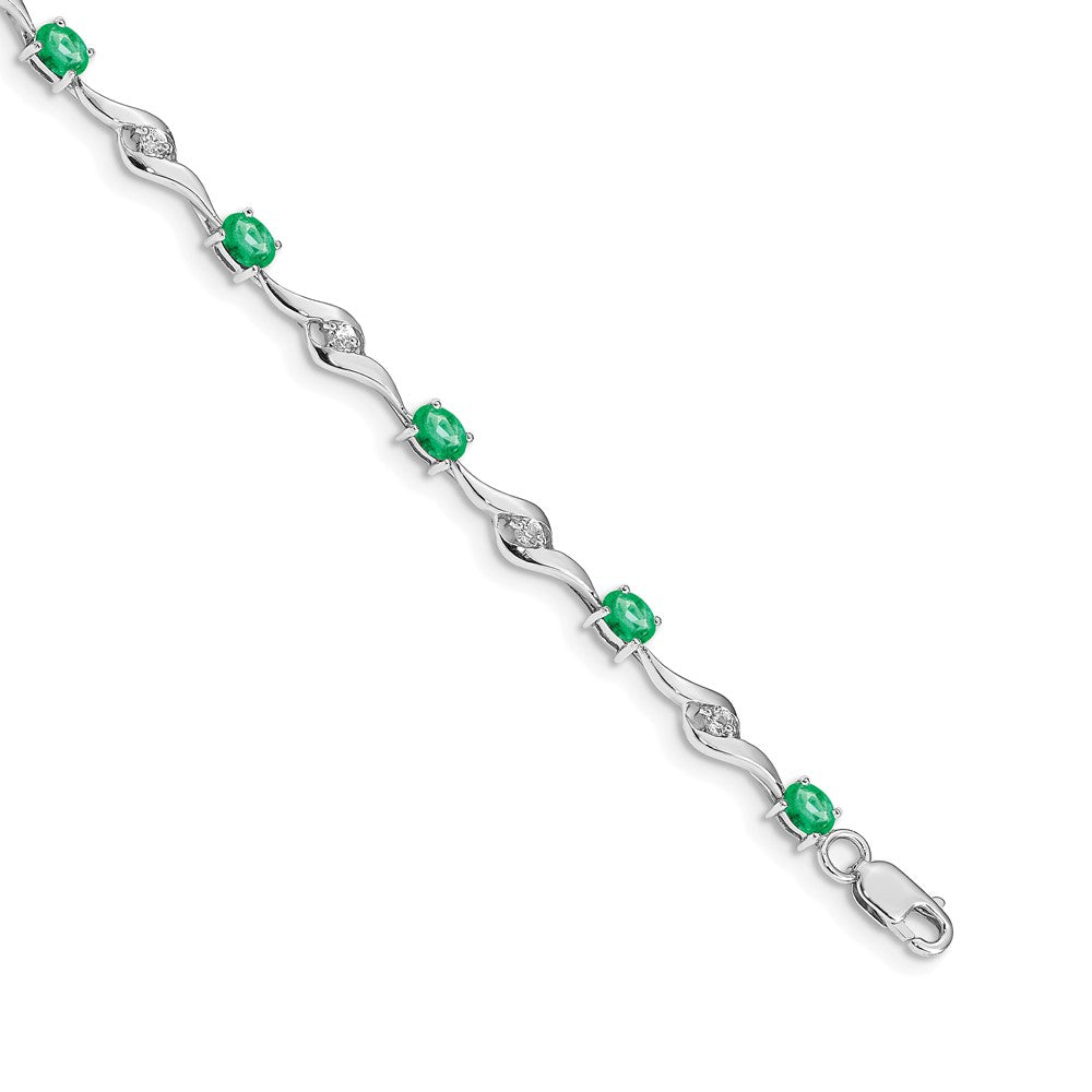 14k White Gold White Sapphire and Emerald Gemstone Bracelet