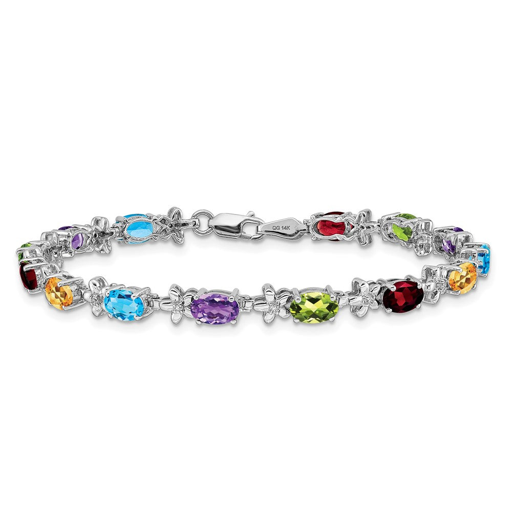 14k White Gold Rainbow Floral Gemstone and Diamond Bracelet