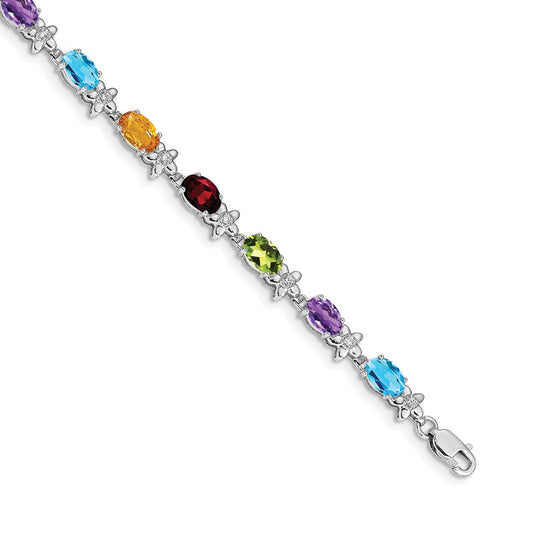 14k White Gold Rainbow Floral Gemstone and Diamond Bracelet