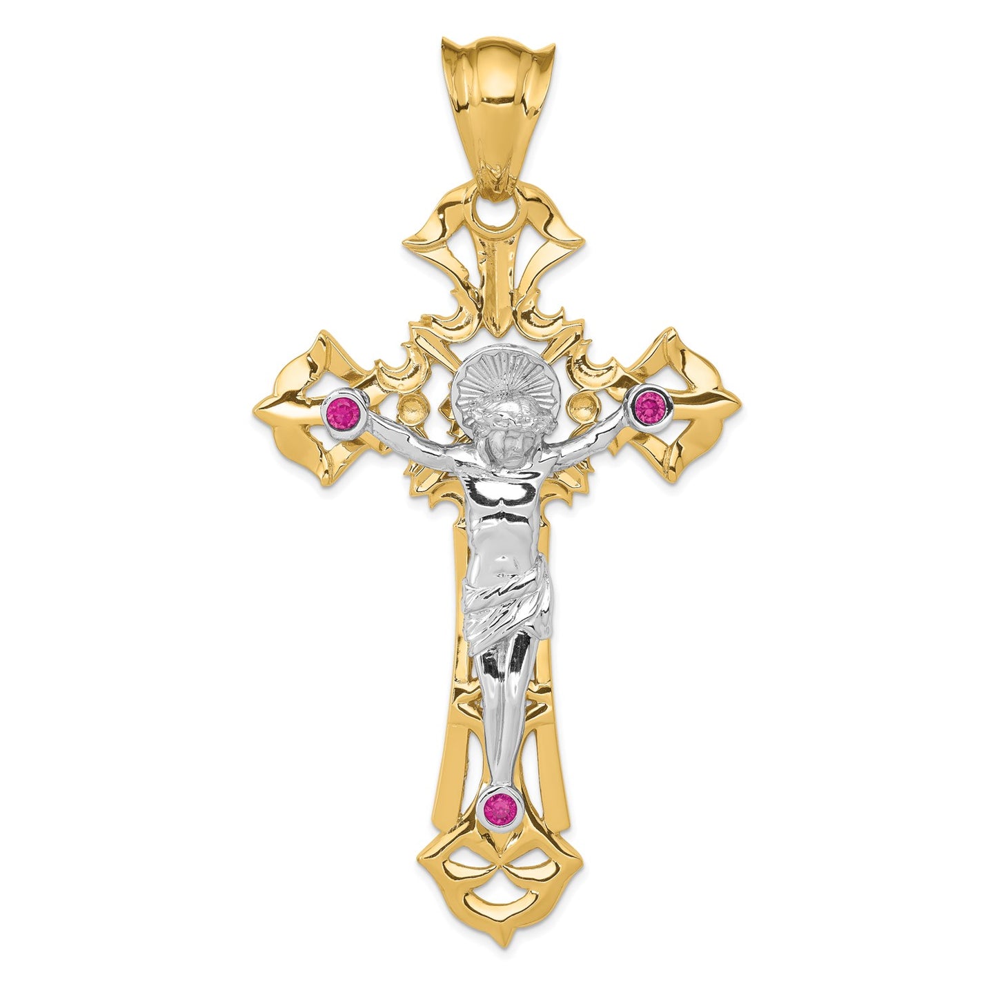 14k Two-tone Polished with Red CZs Crucifix Pendant