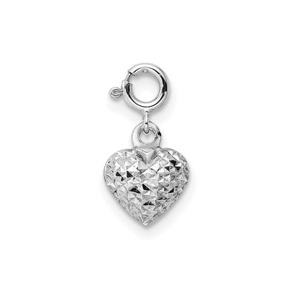 14K White Gold Diamond-cut Heart Spring Ring Charm Pendant