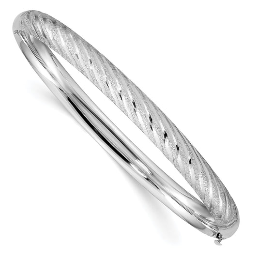 14k White Gold Textured Diamond-cut Twisted Hinged Bangle