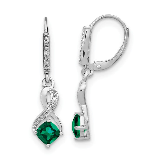 Sterling Silver Rhodium-plated Created Emerald and Diamond Earrings