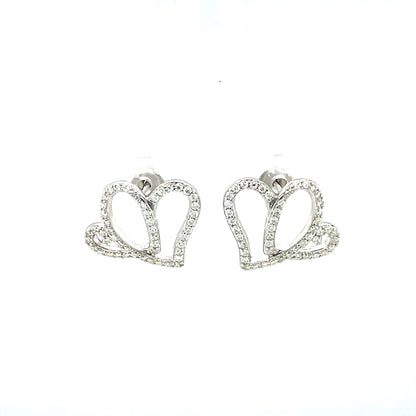 Two Hearts Earrings - Fully Accented | Rhodium Plated Sterling Silver | Moissanite | Anniversary Heart