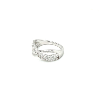 High Polish Criss-Cross Accented Ring | Platinum Plated Sterling Silver | Moissanite | Through Thick & Thin