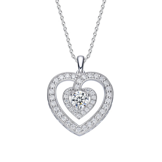 LE Accented Large Stone Heart Pendant | Platinum Plated Sterling Silver | Moissanite | Love's Embrace tm