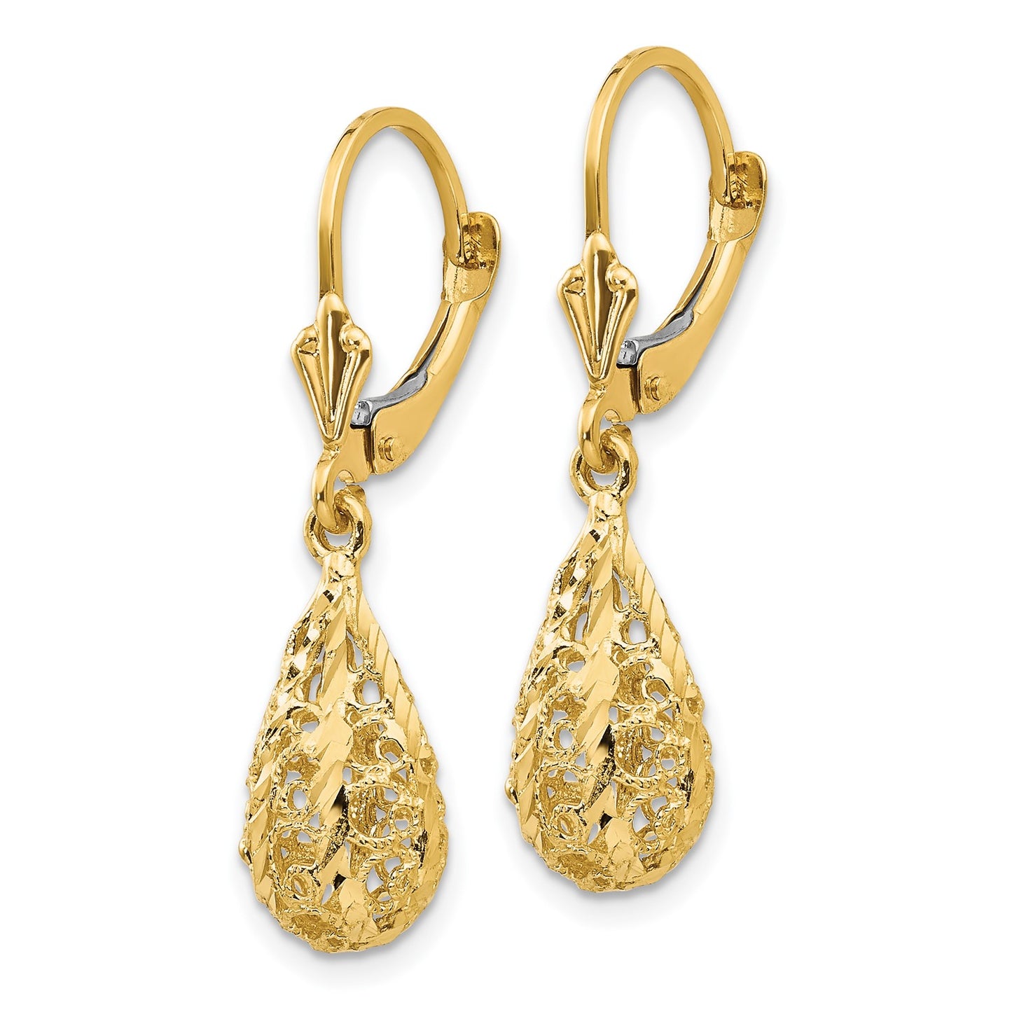 14k Polished Diamond-Cut Filigree Dangle Leverback Earrings