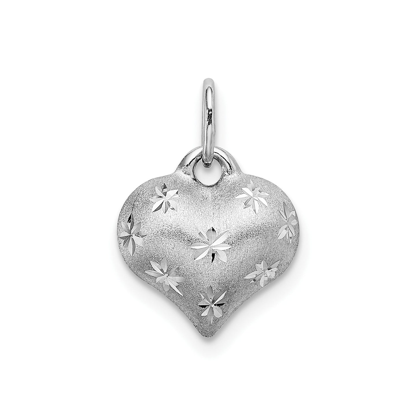 14k White Gold Satin Diamond-cut 3D Puffed Heart Pendant