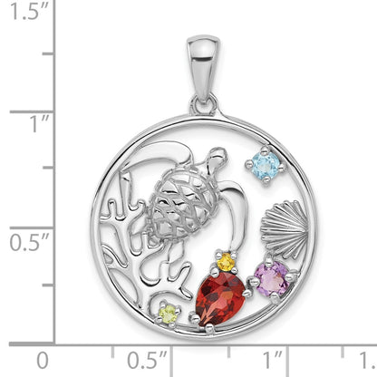 Sterling Silver Rhodium-plated Polished Rainbow Multi-Gemstone Sea Turtle Pendant