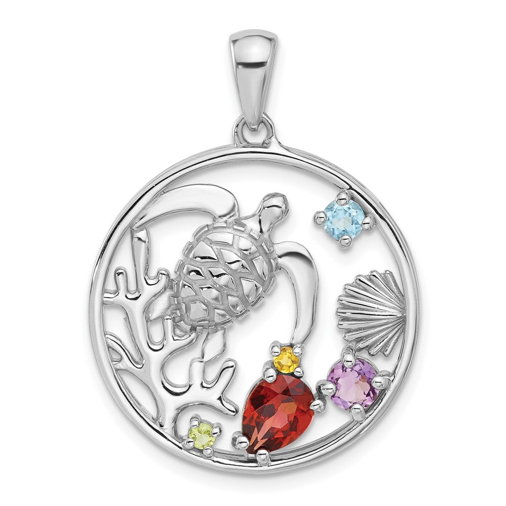 Sterling Silver Rhodium-plated Polished Rainbow Multi-Gemstone Sea Turtle Pendant