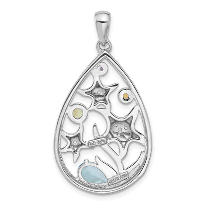 Sterling Silver Rhodium-plated Polished Rainbow Multi-Gemstone Starfish Pendant