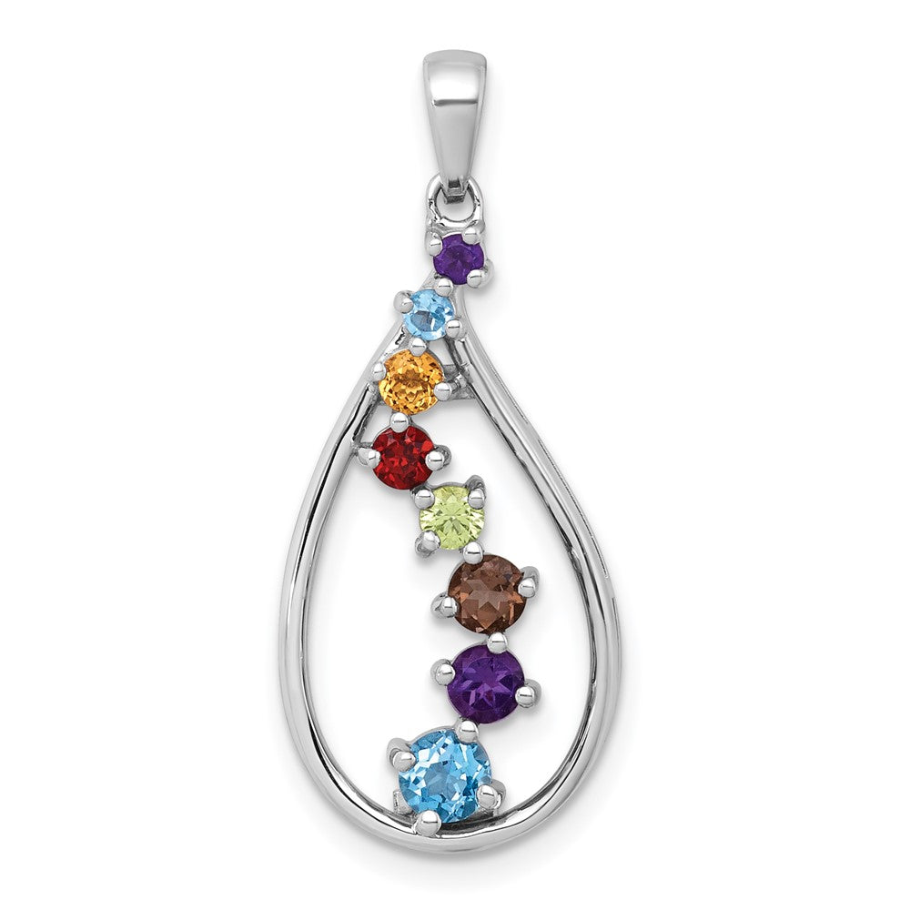 SS RH-pltd Polished Fancy Multi Gemstone Teardrop Pendant