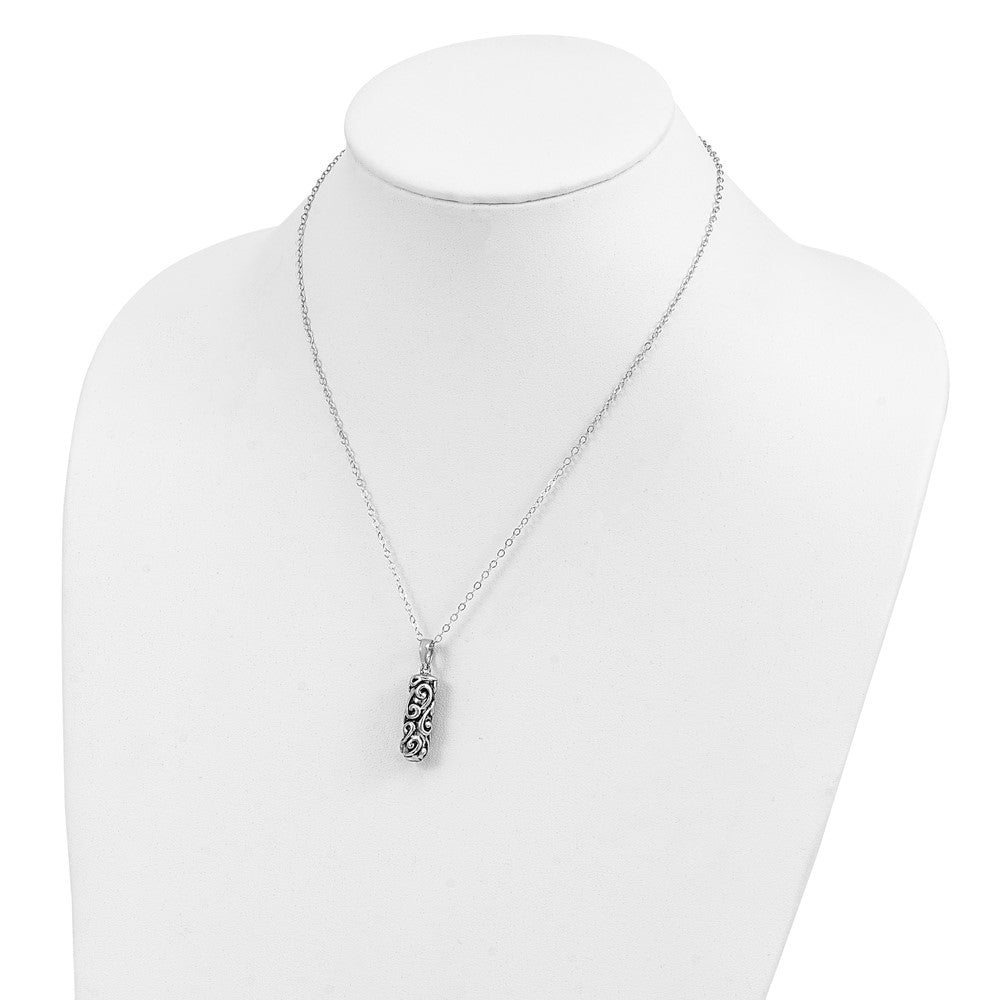 Sentimental Expressions Sterling Silver Rhodium-plated Antiqued Cylinder Remembrance Ash Holder 18 Inch Necklace