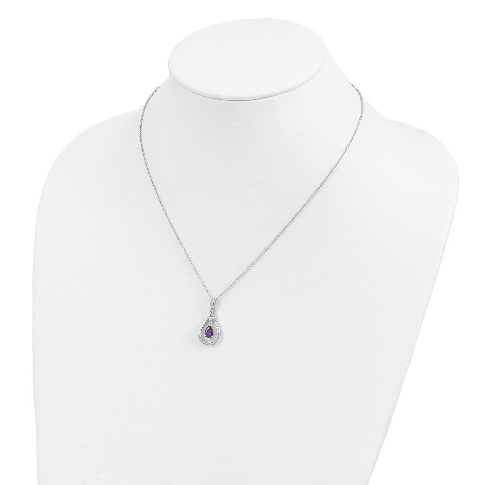 Sentimental Expressions Sterling Silver Rhodium-plated Feb. CZ Stone Never Forget Tear 18 Inch Birthstone Necklace