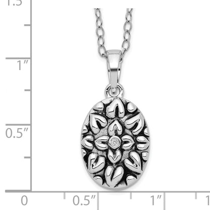 Sentimental Expressions Sterling Silver Rhodium-plated CZ Antiqued Flower Ash Holder 18 Inch Necklace