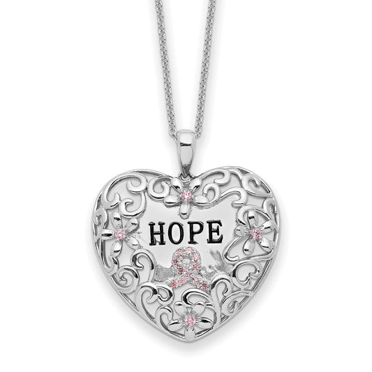 Sentimental Expressions Sterling Silver Rhodium-plated Pink CZ Breast Cancer Heart 18in Necklace