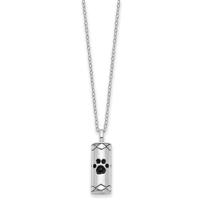 Sentimental Expressions Sterling Silver Rhodium-plated Antiqued Cylinder with Paws Ash Holder 18 Inch Necklace