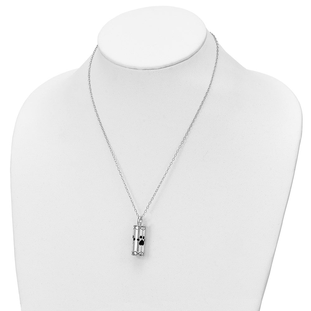 Sentimental Expressions Sterling Silver Rhodium-plated Antiqued Cylinder with Paws Ash Holder 18 Inch Necklace