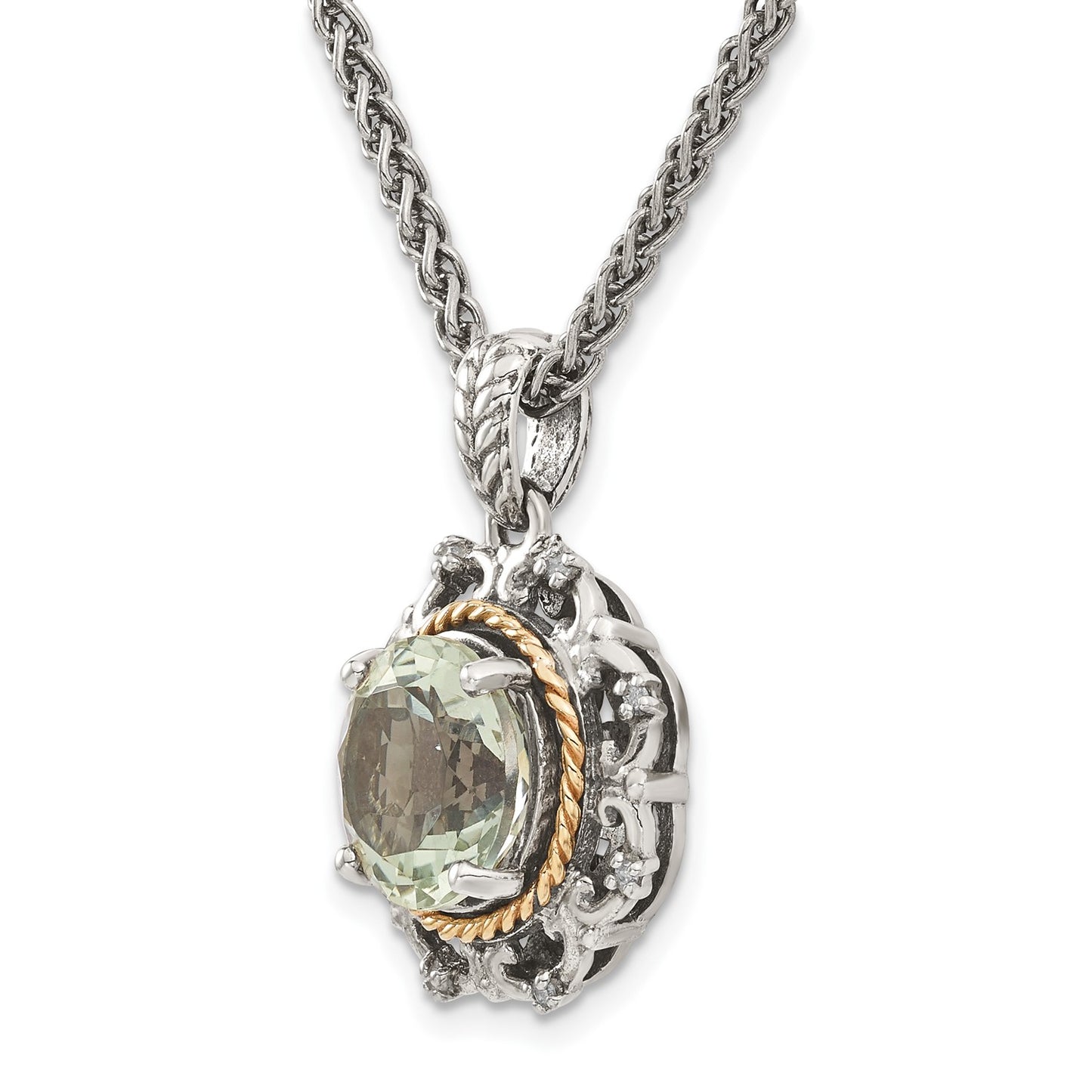 Shey Couture Sterling Silver with 14K Accent 18 Inch Antiqued Round Green Quartz and Diamond Necklace