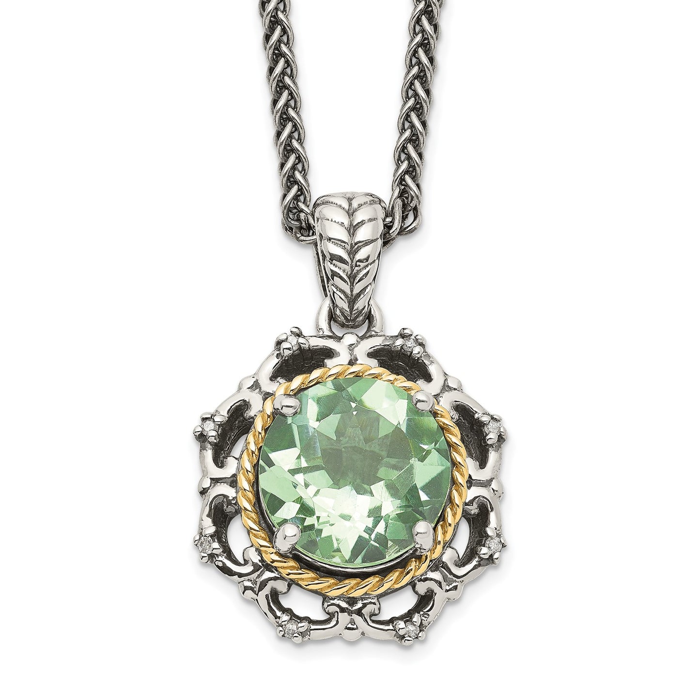 Shey Couture Sterling Silver with 14K Accent 18 Inch Antiqued Round Green Quartz and Diamond Necklace