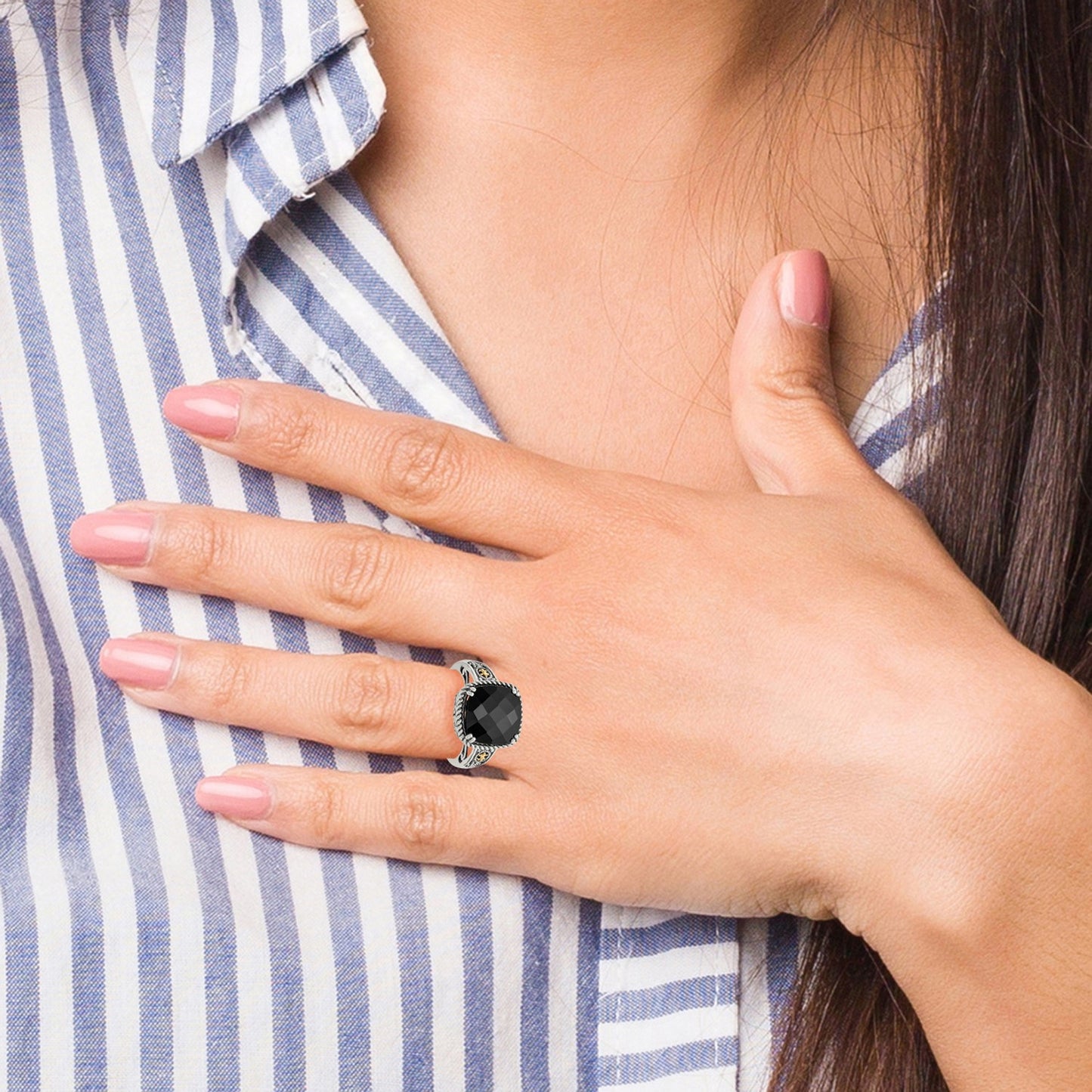 Shey Couture Sterling Silver with 14K Accent Antiqued Checkerboard-cut Black Onyx Ring