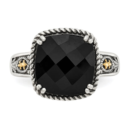 Shey Couture Sterling Silver with 14K Accent Antiqued Checkerboard-cut Black Onyx Ring