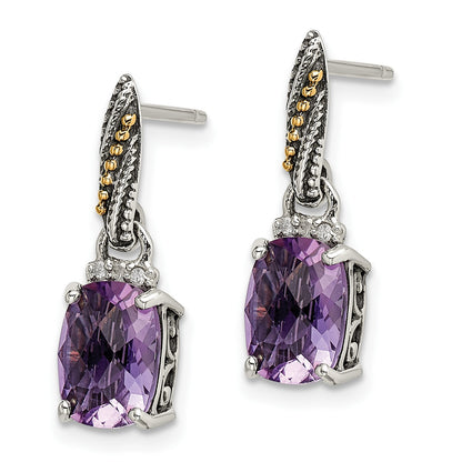 Shey Couture Sterling Silver with 14K Accent Antiqued Diamond and Cushion Amethyst Dangle Post Earrings