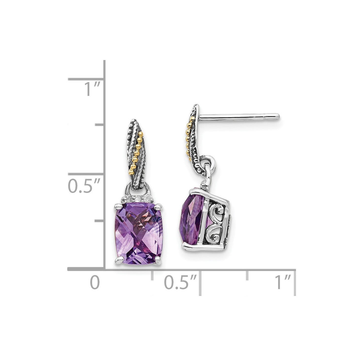 Shey Couture Sterling Silver with 14K Accent Antiqued Diamond and Cushion Amethyst Dangle Post Earrings