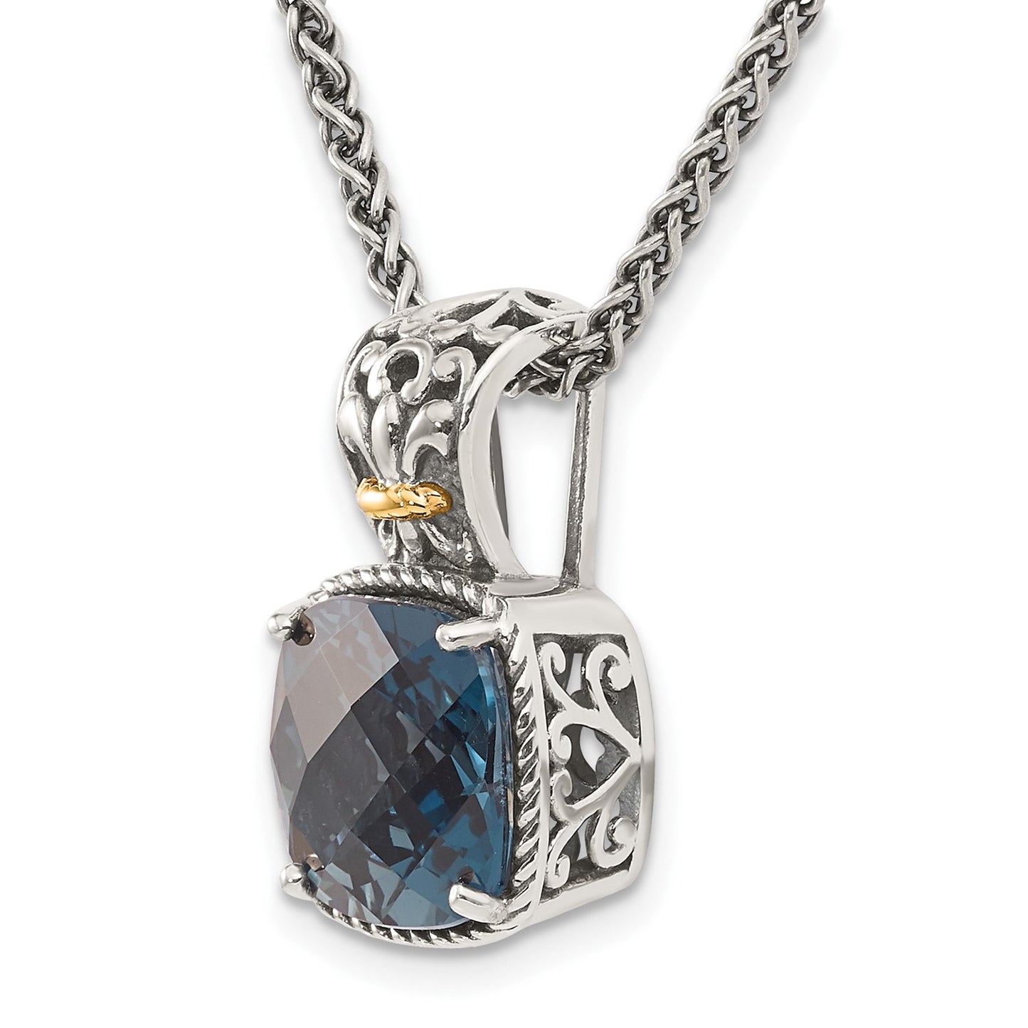 Shey Couture Sterling Silver with 14K Accent 18 Inch Antiqued Cushion London Blue Topaz Necklace