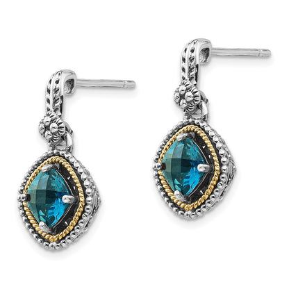 Shey Couture Sterling Silver with 14K Accent Antiqued Cushion London Blue Topaz Post Dangle Earrings