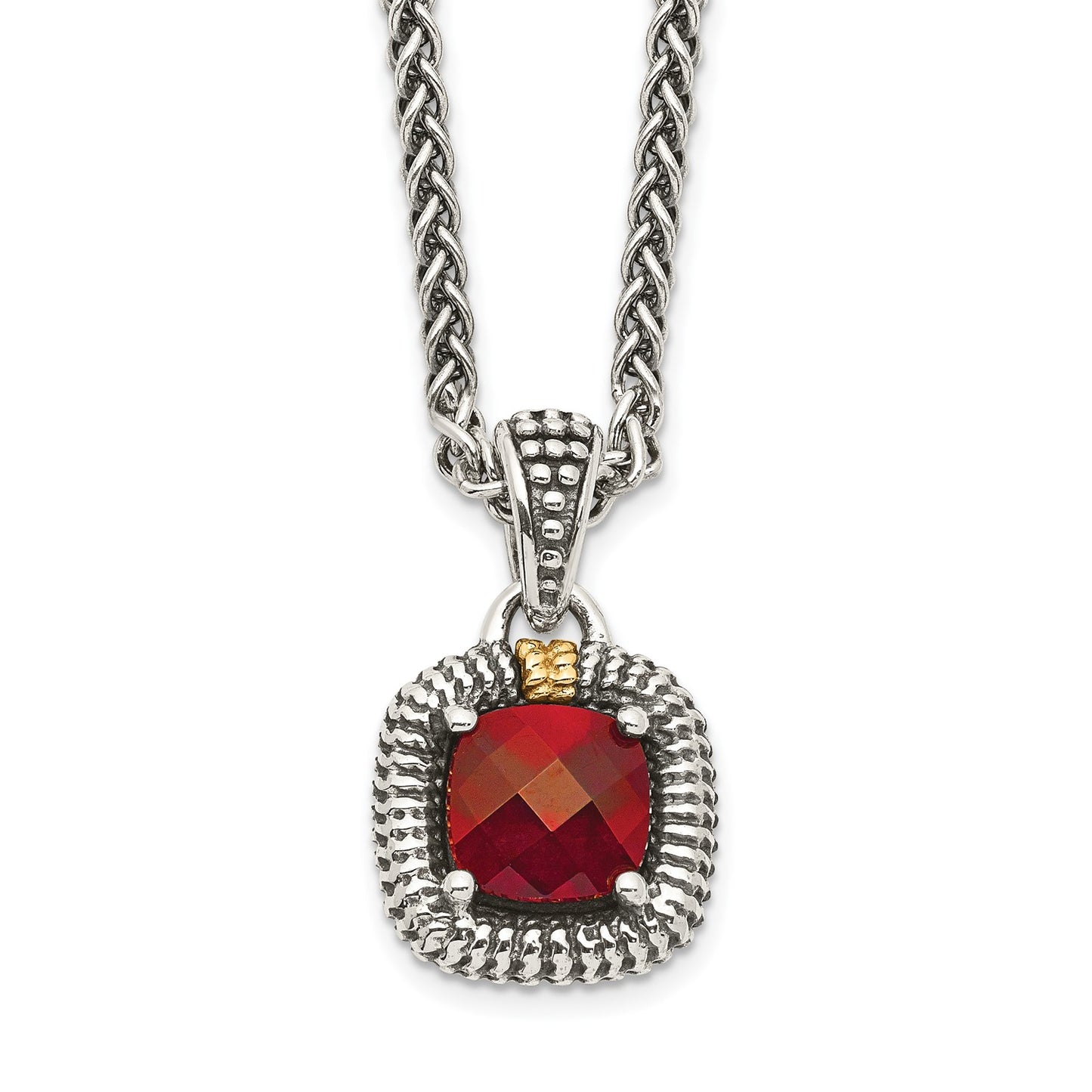 Shey Couture Sterling Silver with 14K Accent 18 Inch Antiqued Checkerboard Bezel Garnet Necklace