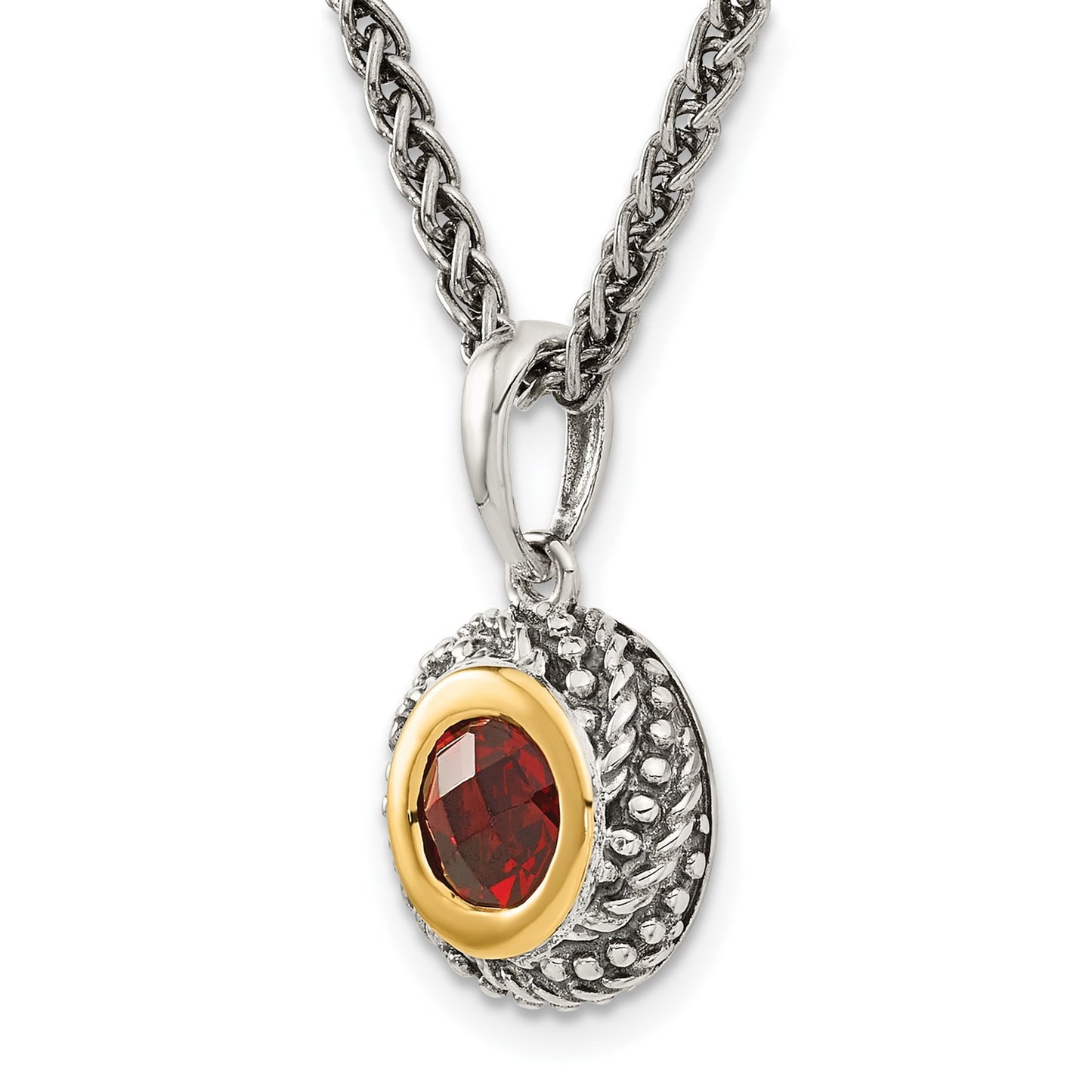 Shey Couture Sterling Silver with 14K Accent 18 Inch Antiqued Checkerboard Round Bezel Garnet Necklace