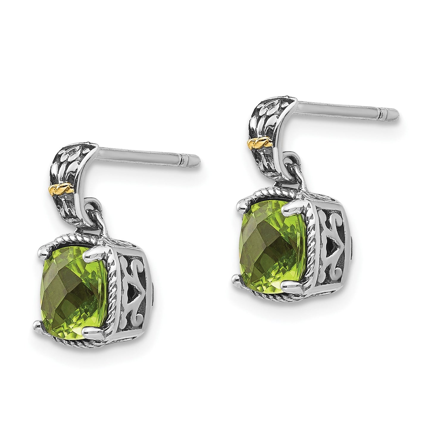 Shey Couture Sterling Silver with 14K Accent Antiqued Cushion Peridot Dangle Post Earrings