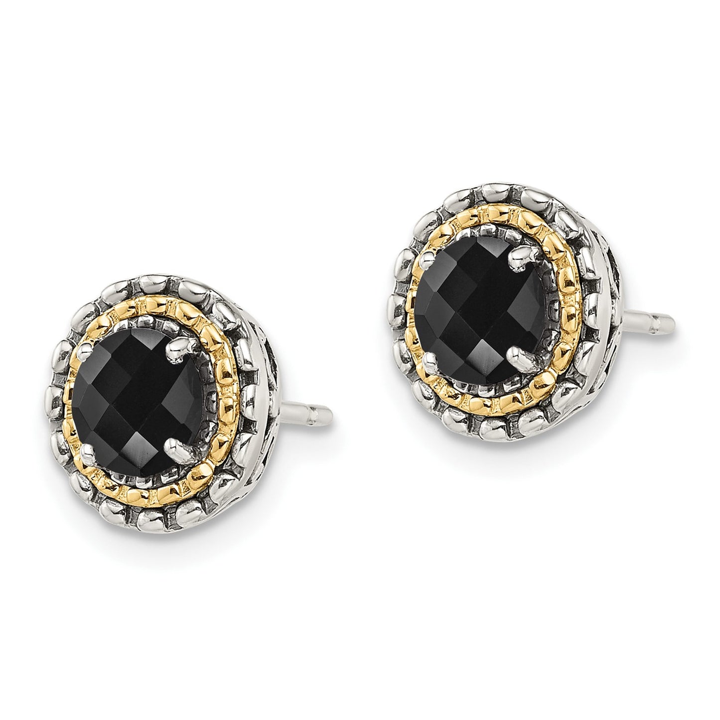 Shey Couture Sterling Silver with 14K Accent Antiqued Polished Checkerboard-cut Black Onyx Earrings