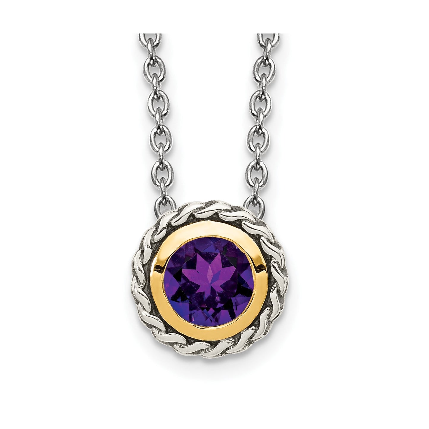 Shey Couture Sterling Silver with 14K Accent 18 Inch Antiqued Round Bezel Amethyst Necklace